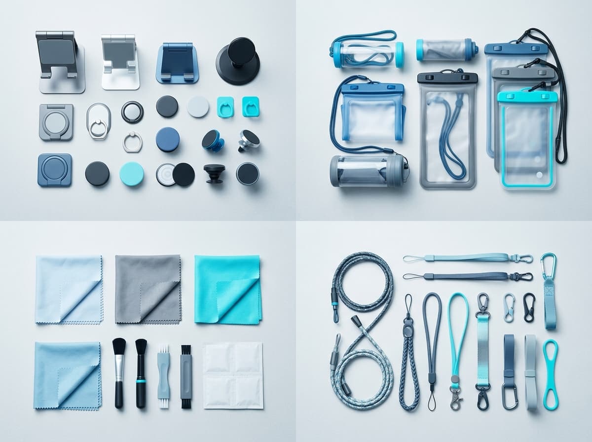 Universal phone accessories sorted into four groups: grips and stands, waterproof pouches, cleaning cloths and straps