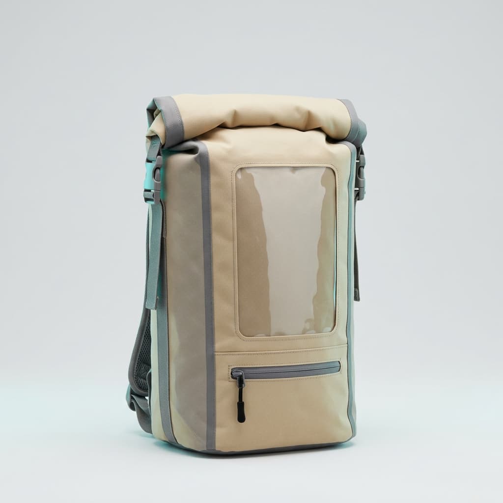 Beach Dry Bag + Phone Window — Sand and splashes out, phone in view.