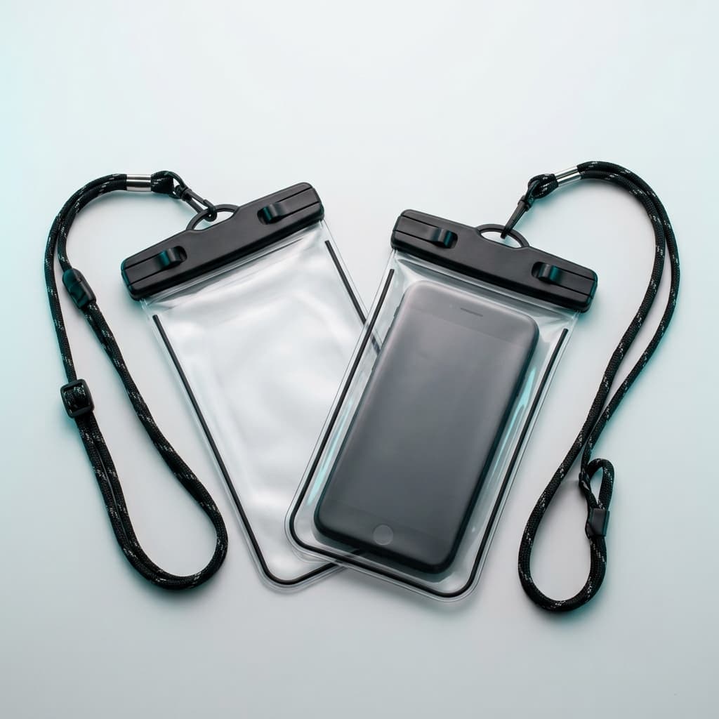 Waterproof Pouch IPX8-Rated Duo — Sealed splash protection with a lanyard.