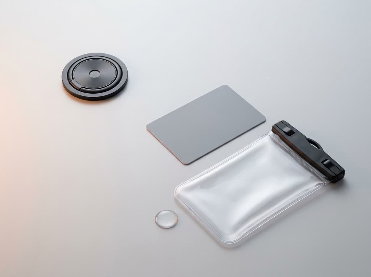 A magnetic phone ring kept a safe distance from a card, and a sealed waterproof pouch beside a water droplet